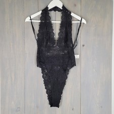 Frederick's of Hollywood Bodysuit Women L Black Lace Halter Thong High Cut NEW