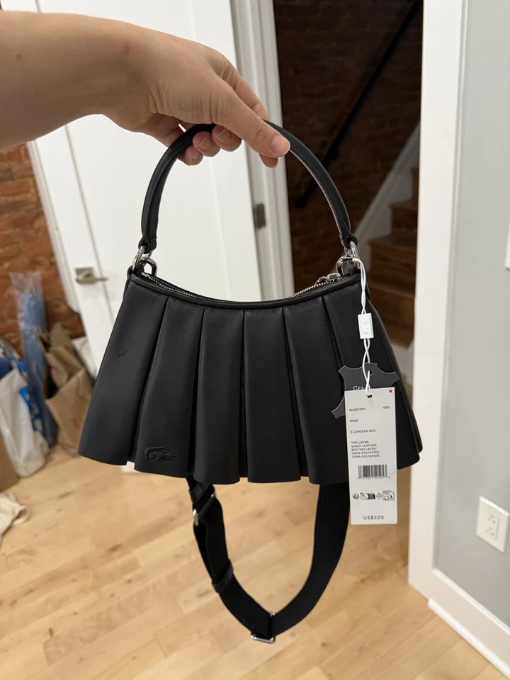 LACOSTE S Lenglen Small Pleated Shoulder Bag Black Genuine Leather Unisex New - Image 4 of 4
