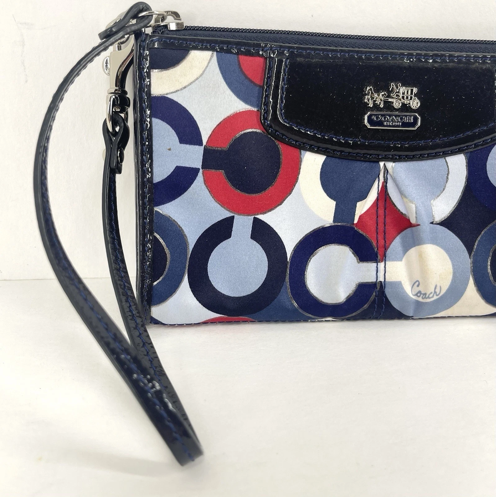 Coach Madison Op Art Portafoglio Doppia Zip Blu Plissettato Portafoglio Y2K Carrozza