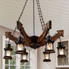 Retro Wood Pendant Chandelier 6-Lights Ceiling Lamp Industrial Rustic Fixtures