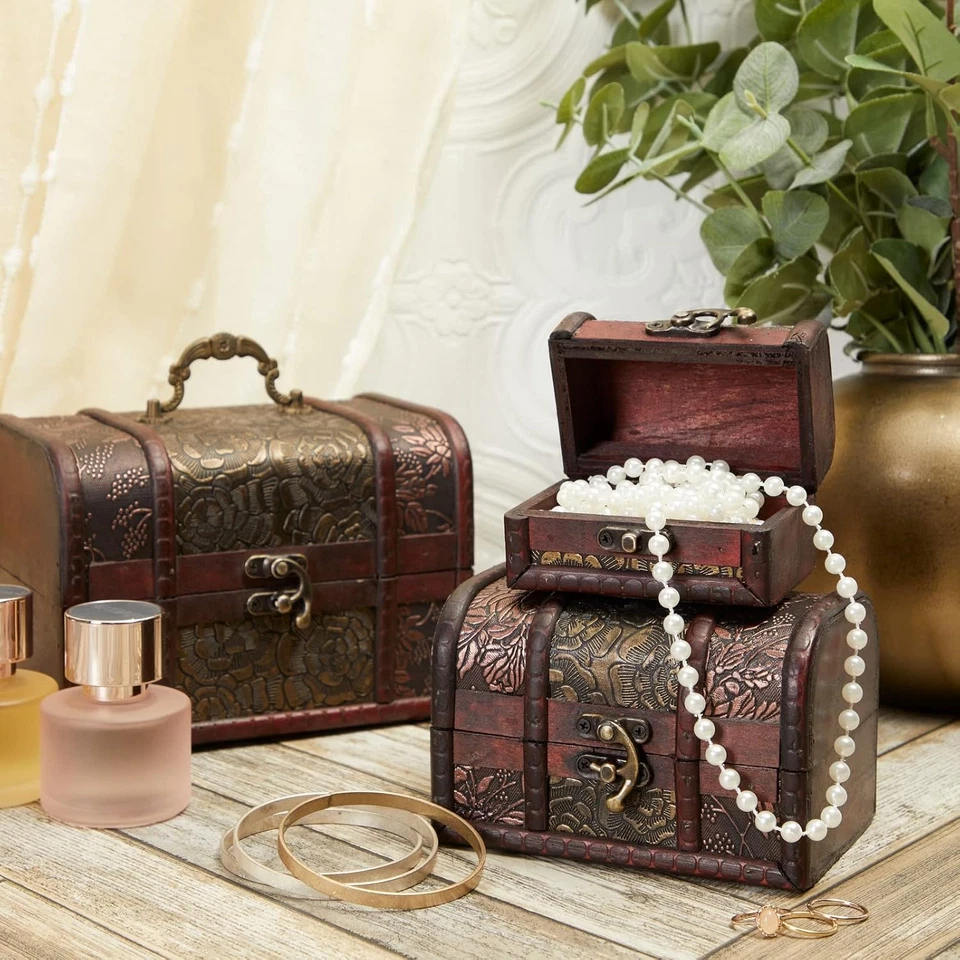 Wooden Treasure Chest Set - 3 Nesting Boxes, Brown Floral - Decorative Storage & - Image 3 of 4