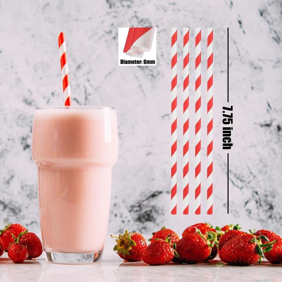 100 Red Straws, Biodegradable Red and White Striped Paper Straws for Party, Even - Image 2 of 4