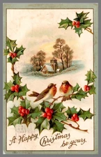 A Happy Christmas Be Yours Birds Holly Snow Church Scene c1909 Embossed Postcard