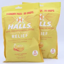 HALLS Cough & Throat Relief Drops Honey Lemon 2 Bags 80Ct Economy Pack Exp 10/26