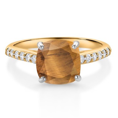 10K Yellow Gold 8MM Cushion Cut Brown Tiger Eye and White Lab Grown Diamond