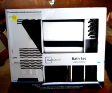 MAINSTAYS 17 PIECE BATH SET BLACK & WHITE STRIPE NEW IN BOX GREAT DEAL ON SET