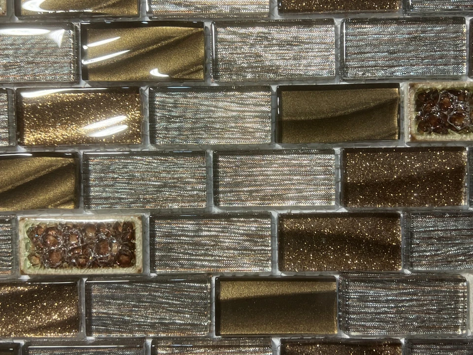 NY21 Silver/Brown Glass/Marble Rectangle Mosaic Tile Kitchen Bathroom Backsplash - Image 2 of 4
