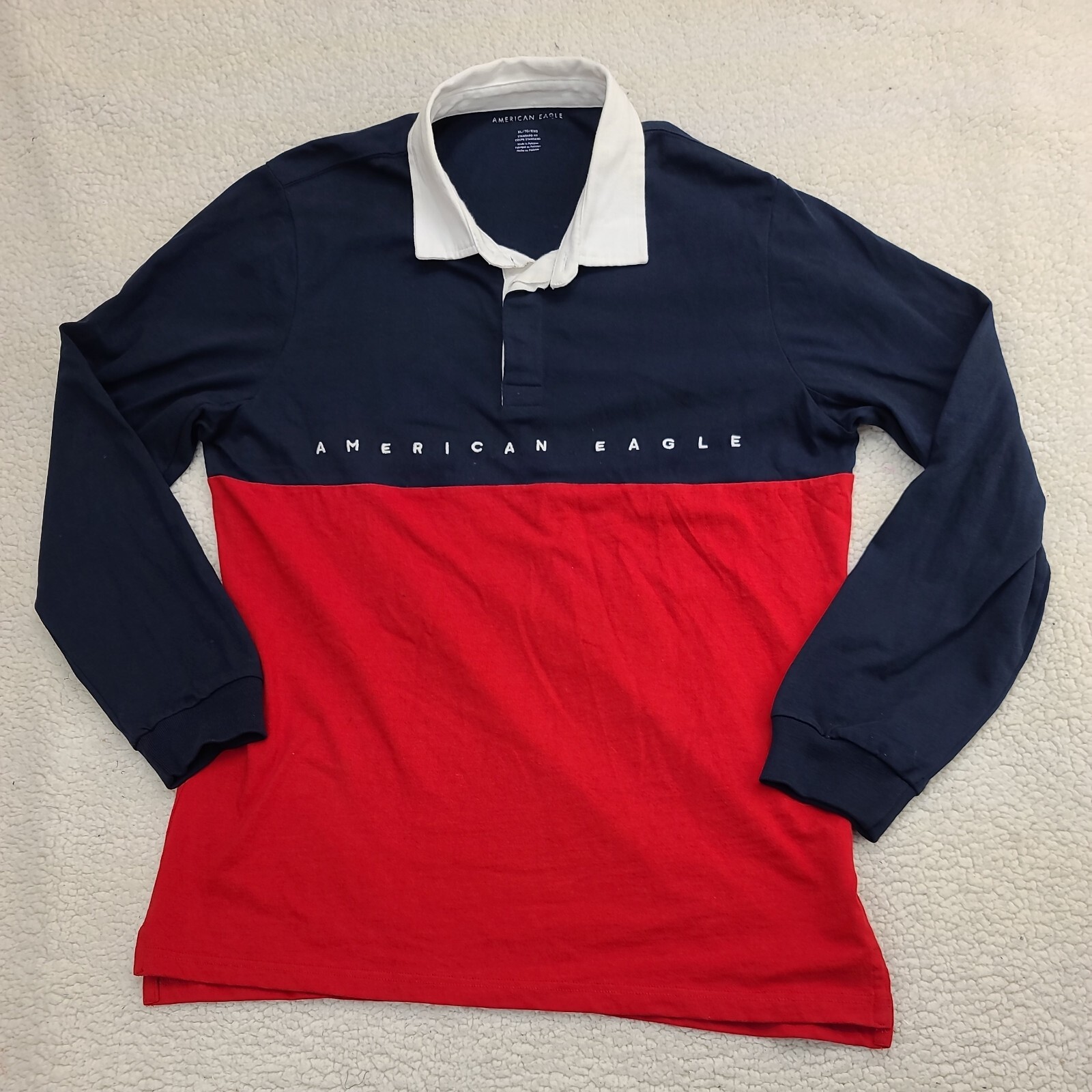 American Eagle Rugby Shirt Mens XL Colorblock Spellout Red White Blue