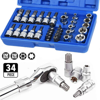 34x INNEN  AUßEN TORX STECKSCHLÜSSEL SATZ E4-E20 NÜSSE T10-T60 NUSS-SET 3/8 1/4''