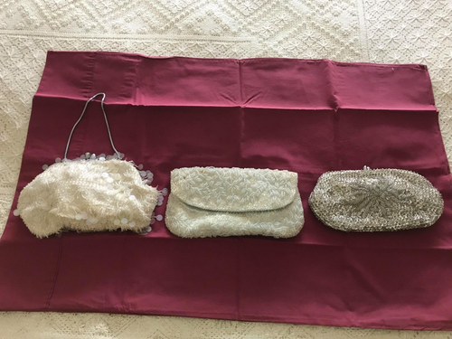 Three Vintage Evening Purses, Two White and One Silver