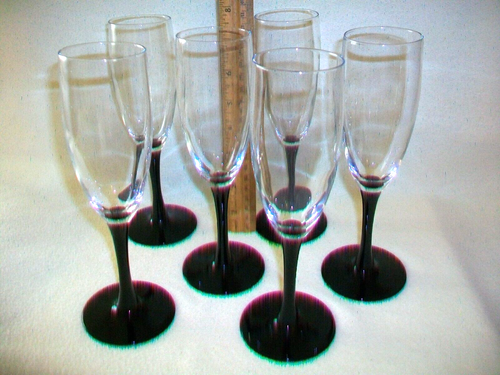 6 - LUMINARC SIGNATURE DOMINO FLUTED BLACK STEM CHAMPAGNES 7-3/4" H EUC FRANCE