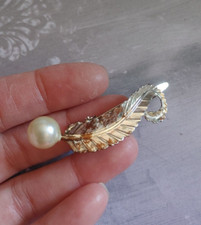 Vintage hair barrette gold tone metal clip faux pearl leaf scroll