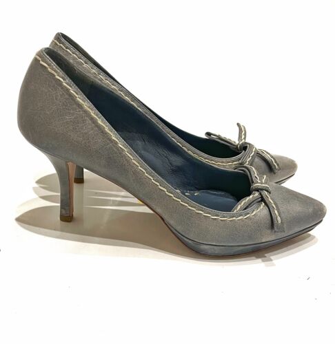 PRADA Classic Blue Gray Pastel Leather Bow Trim Stitched High Heel Pumps 7.5 38 - Picture 3 of 7