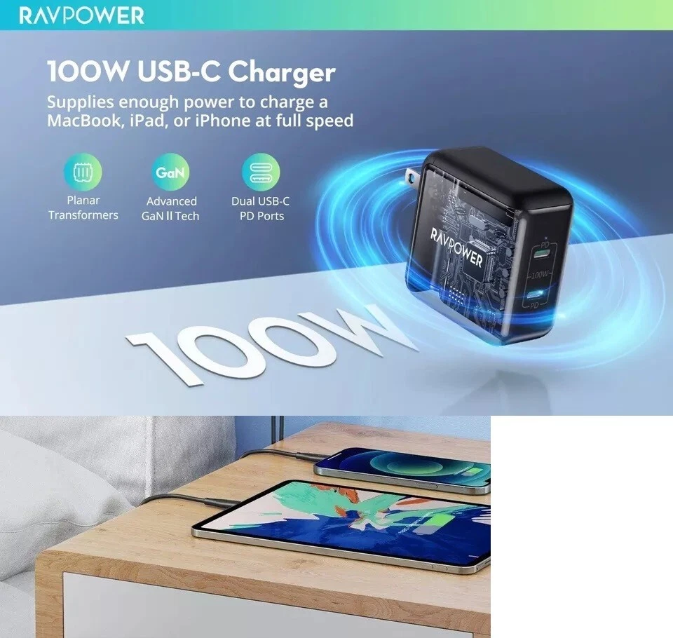 Cargador de pared RavPower PD Pioneer 100 W doble puerto USB-C adaptador de corriente iPad portátil Foto 3 de 4