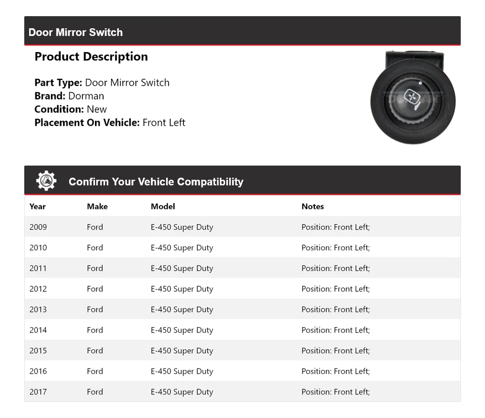Interruptor de espejo retrovisor delantero izquierdo 2010 para Ford E-450 Super Duty Dorman 2009-2017 Foto 2 de 4