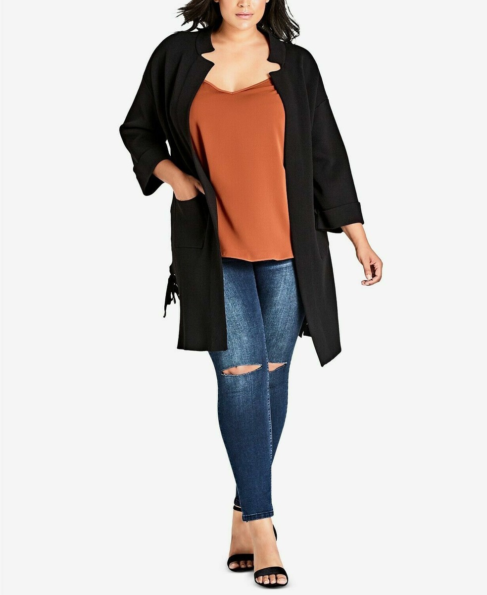 City Chic Black Lace Up Hem Long Women's Topper Jacket Cardigan Plus Size  18 NEW