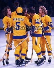 1976 Los Angeles Kings Yellow Uniforms Celebrate After Goal Color 8 X 10 Photo