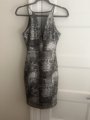 #ad Aqua Black Silver Crepe Bodycon Prom Stretch Dress Small New $15.49