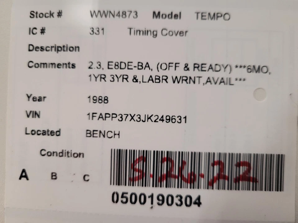 Used Engine Timing Cover fits: 1988 Ford Tempo  Grade A Foto 3 de 4