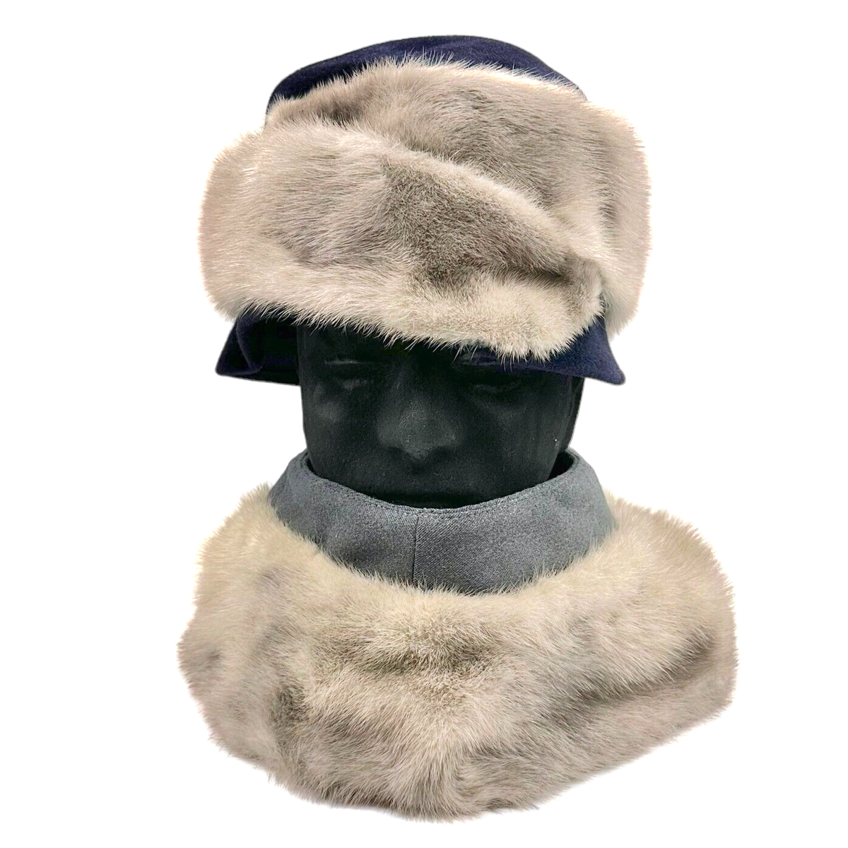Vintage Mr. John Jr. Navy Velour Fur Trimmed Hat and Collar  display picture 1