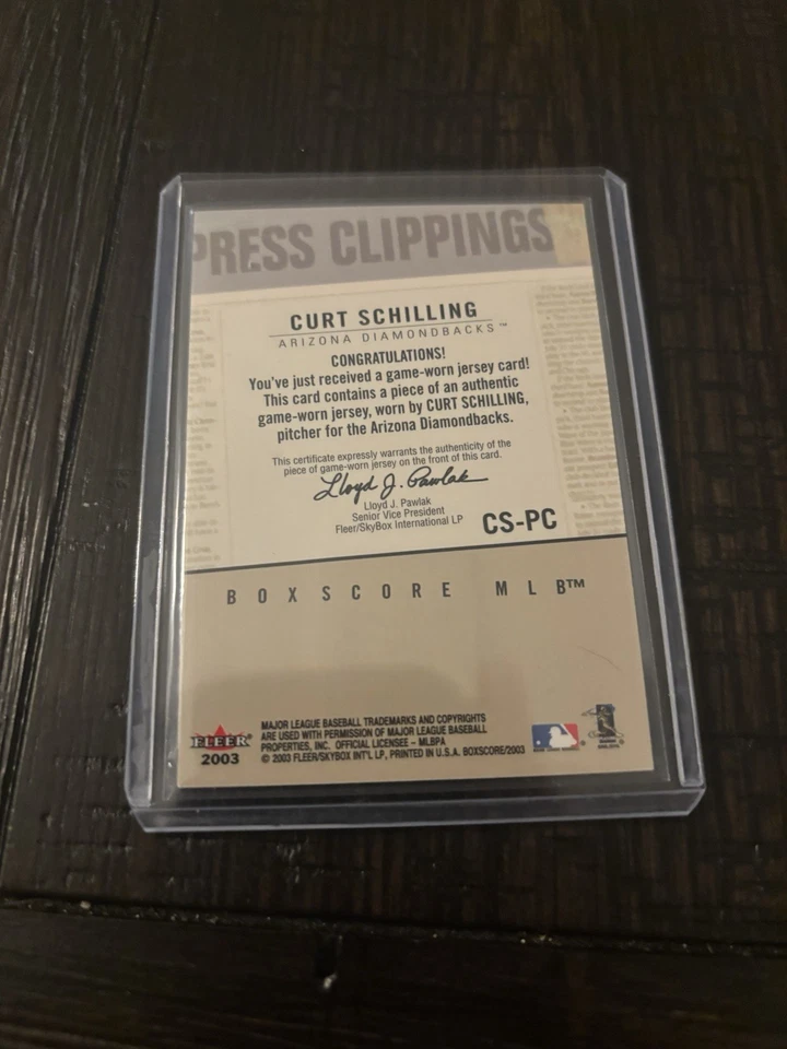 CURT SCHILLING 2003 FLEER BOX SCORE PRESS CLIPPINGS GAME USED WORN JERSEY AX6713 - Image 2 of 2