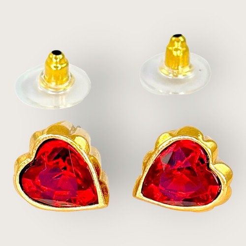 Vintage Avon Gold Tone & Red Crystal Rhinestone Heart Stud Earrings Gold Plated