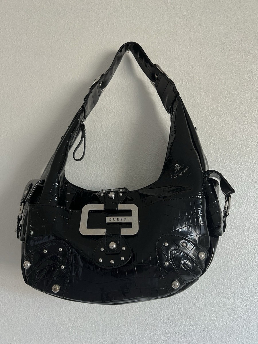 Vintage Y2K GUESS Black Croc-Embossed Shoulder Bag w/ Silver