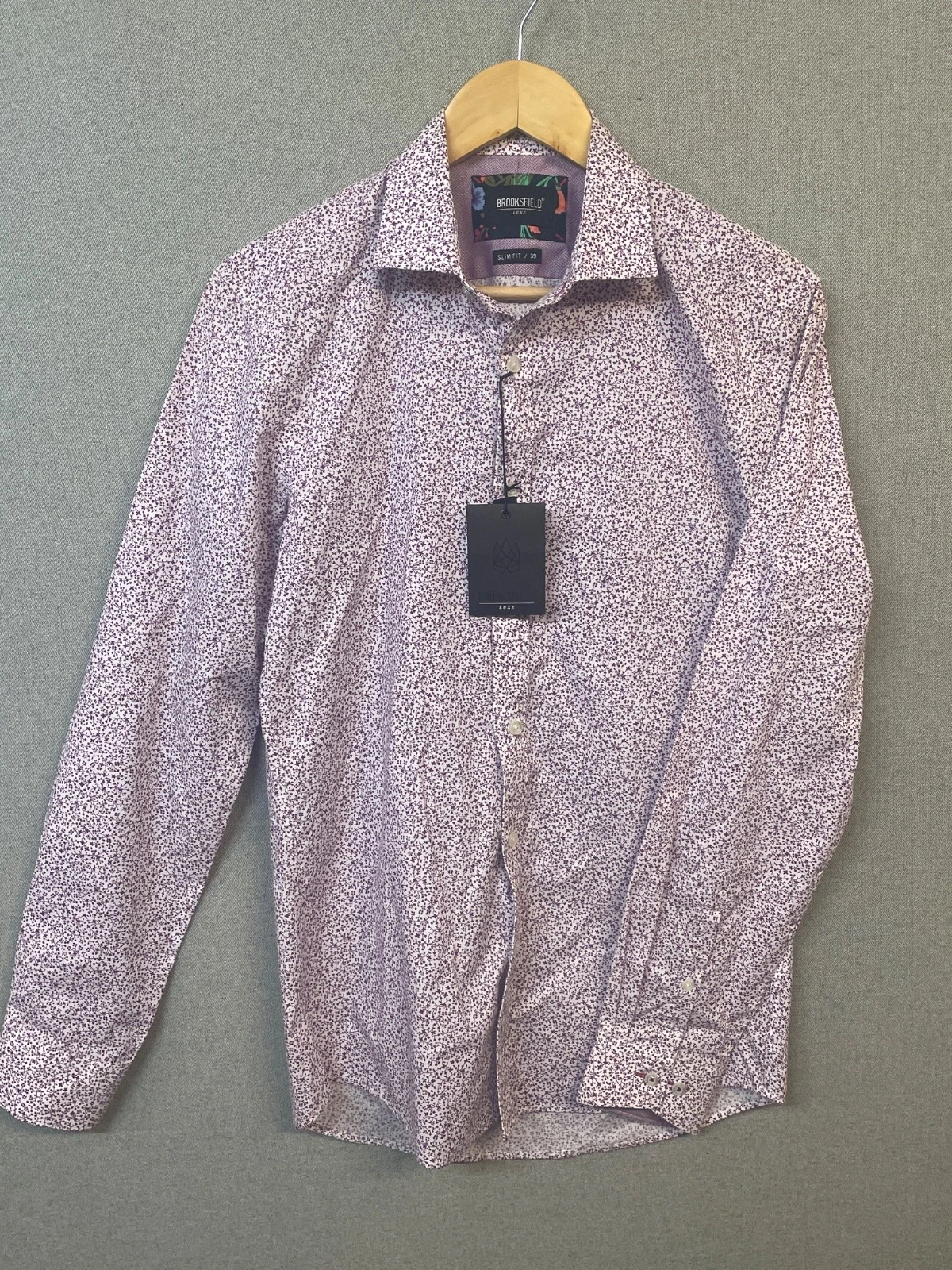 Brooksfield Mens Size 39 Purple Print Slim Fit Luxe Long Sleeve Button Up Shirt