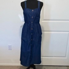 Laree Blue Denim Button Front Midi Sundress Sleeveless Pockets M