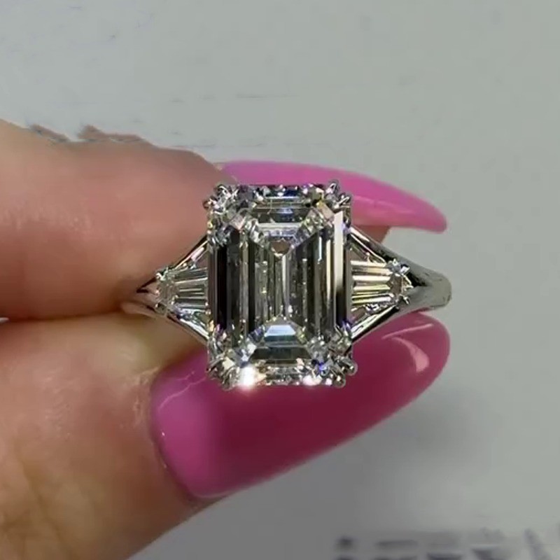 3.20Ctw Emerald Cut Moissanite Three Stone Engagement Ring 14k White Gold Plated