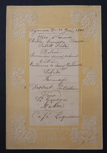 Restaurant menu 10 June 1906 embossed flowers Médoc