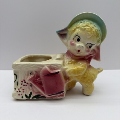 Vintage American Bisque Pottery Lamb Garden Planter Pastel Pink Blue Green