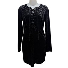 Forever 21 Bodycon Dress Womens L Black Velvet Lace Up Goth Cocktail Witchy Y2K
