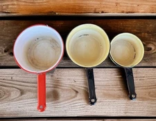 Vintage Lot Of 3 Small Size White & Yellow Enamelware Sauce Pans w/ Handles