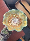 Pretty Aqua Opalescent Northwood Carnival Glass Three Fruits Pattern Bowl