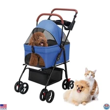 Deluxe Folding Pet Stroller - 4-Wheel Carrier for Medium & Small Pets, Blue
