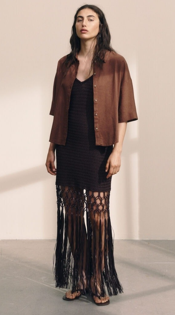 h&m brown crochet dress H&M Edition Brown Crochet Fringe Dress UK L