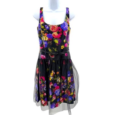 Milly Natalie Floral Cocktail Dress Black Multi Tulle Skirt Bow Belt 10 NEW