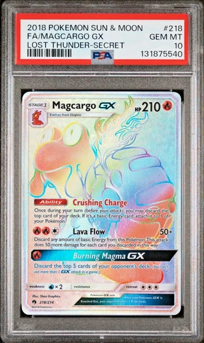 2018 POKEMON SUN & MOON LOST THUNDER 218 FULL ART/MAGCARGO GX SECRET PSA 10
