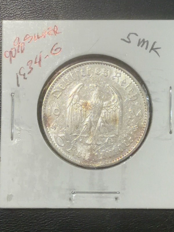 1934-G Germany 5 Reichsmark 90% Silver Garrison Church Coin Karlsruhe