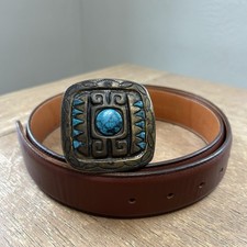 James Reid Leather Belt Size 37 Turquoise Bronze Native American Belt Buckle