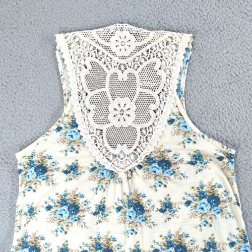 Y2K Fairygoth Grunge Lace Back Tank Top Floral Cream Blue Women XL Button USA - Picture 4 of 15