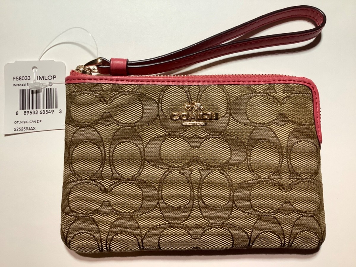 Coach Signature Corner Zip Wristlet Khaki Strawberry Gold Case