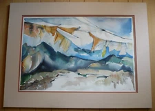 MARGUERITE 1978 VINTAGE WATERCOLOR MODERN LANDSCAPE MOUNTAINS ABSTRACTION SIGNED