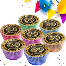TOPPER CUPCAKE COMMESTIBILE FESTA BUON 80° COMPLEANNO NERO E ORO DECORAZIONE KD012