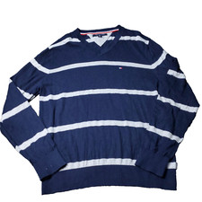Tommy Hilfiger V Neck Sweater Mens L Large Pullover Blue Thin Striped Casual