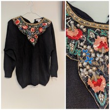 80s Vintage Sequin Bead Neckline Floral Black Oversized Sweater Women's S/M FLAW