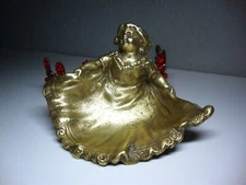Antique Cast Bronze Lady in Swirling Dress Ashtray, Trinket Dish - 5" Wide