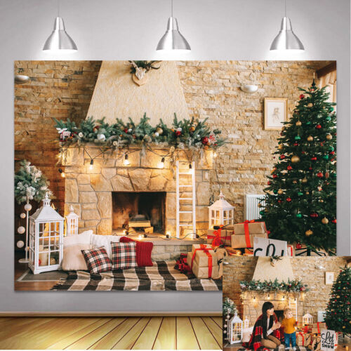 Winter Christmas Fireplace Backdrop Christmas Tree Gifts Photography Background - Picture 1 of 9