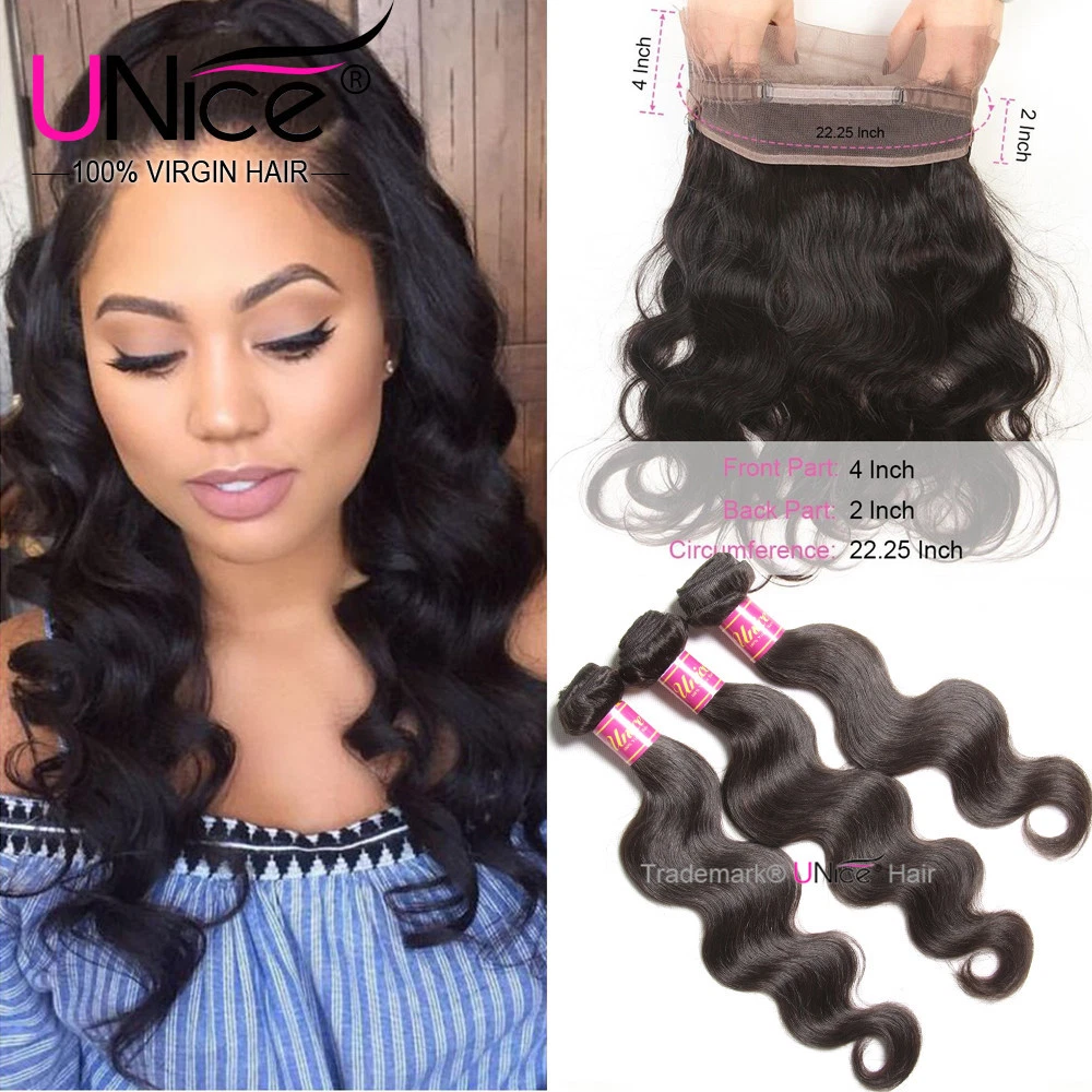 UNice Hair Peruvian Body Wave Human Hair 3 Bundles With 360 Lace Frontal  Closure